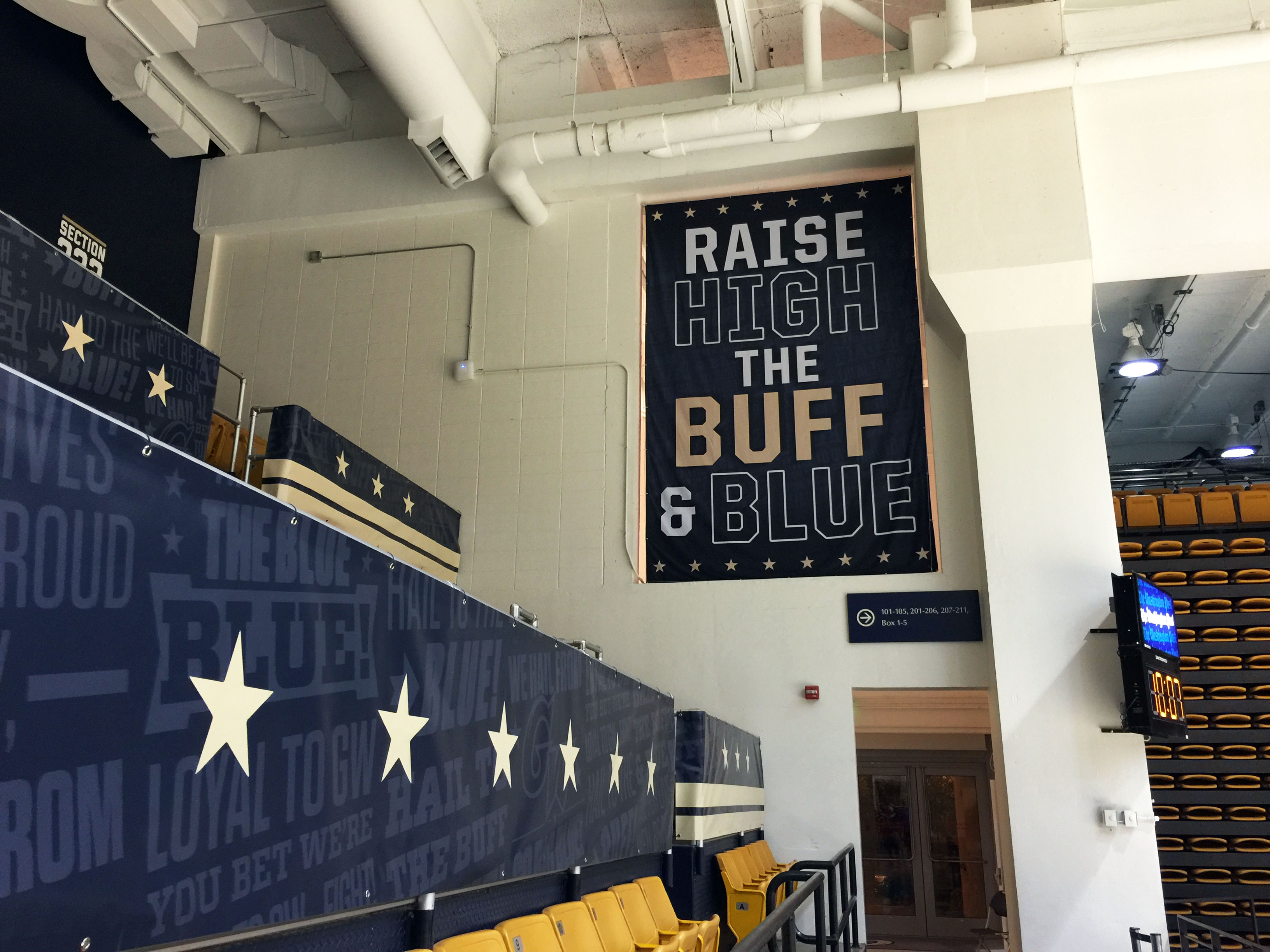 George Washington University Smith Center arena branding large format double sided fabric banners and railing banners