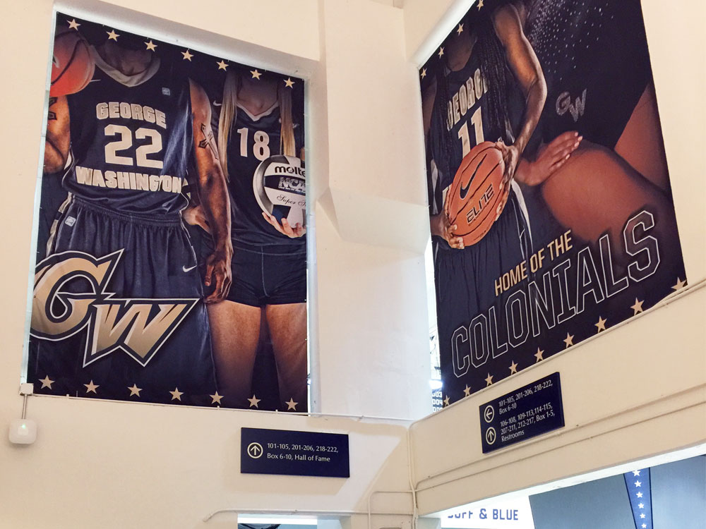 George Washington University Smith Center arena branding large format double sided fabric banners